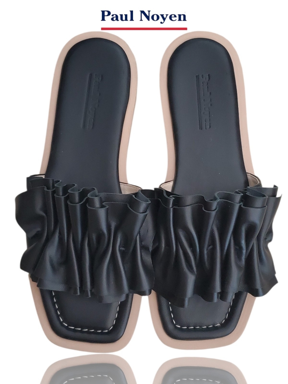 Paul Noyen Black Ruffle Leather Sandals Size 41 US Women's 10 - Made in Italy